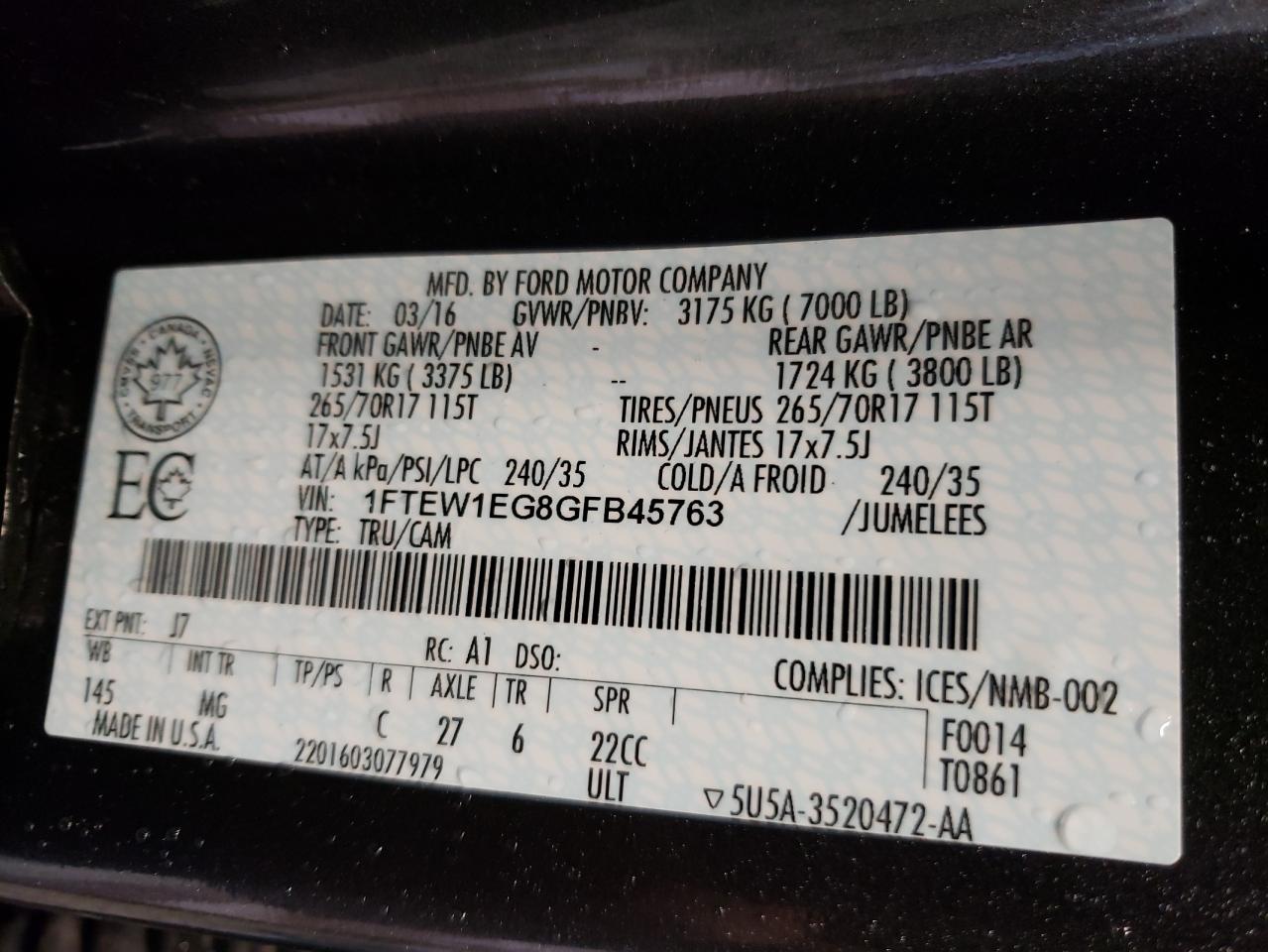Photo 10 from auction – 2016 FORD F150 SUPER with VIN 1FTEW1EG8GFB45763