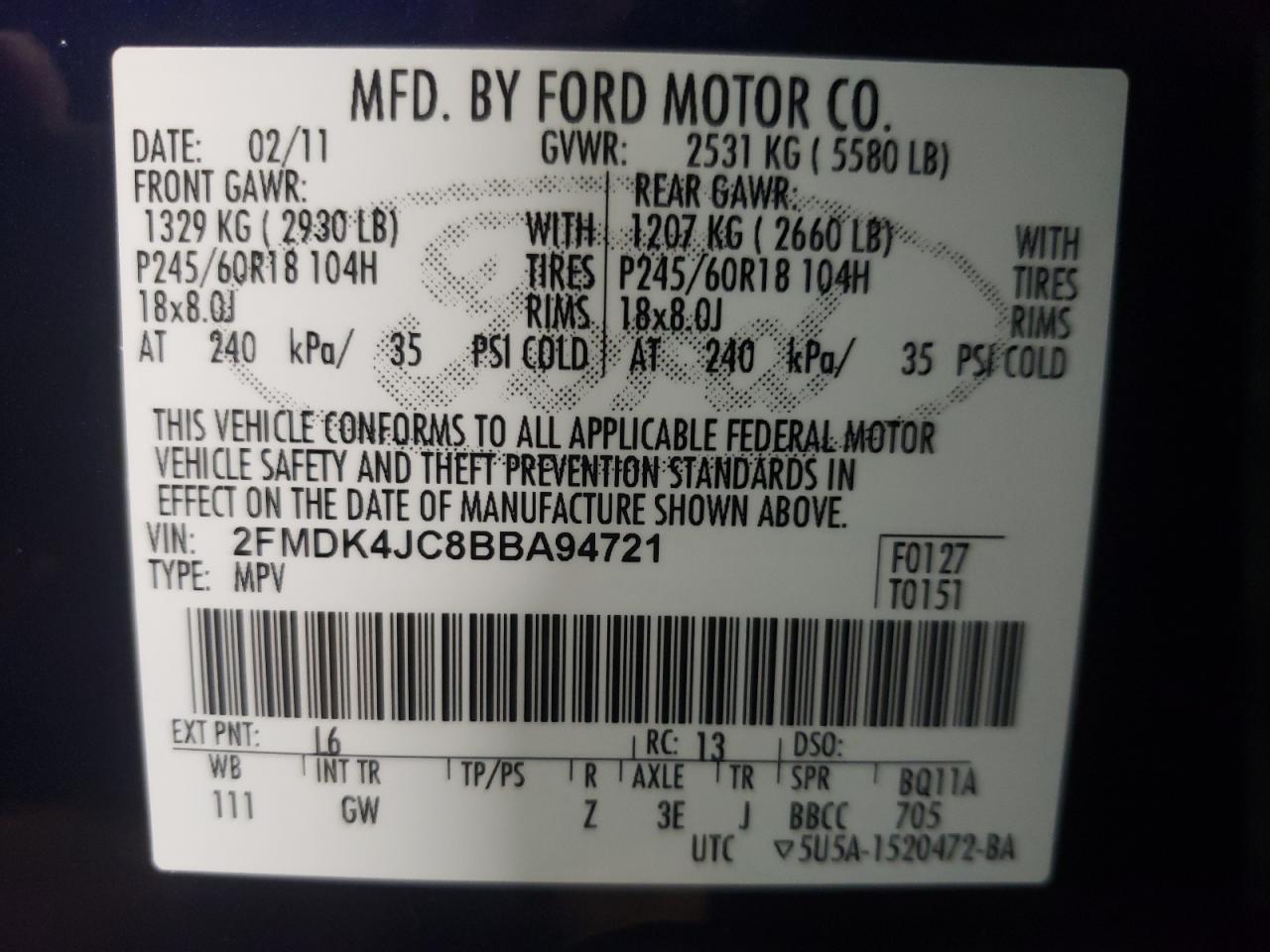 Photo 10 from auction – 2011 FORD EDGE SEL with VIN 2FMDK4JC8BBA94721