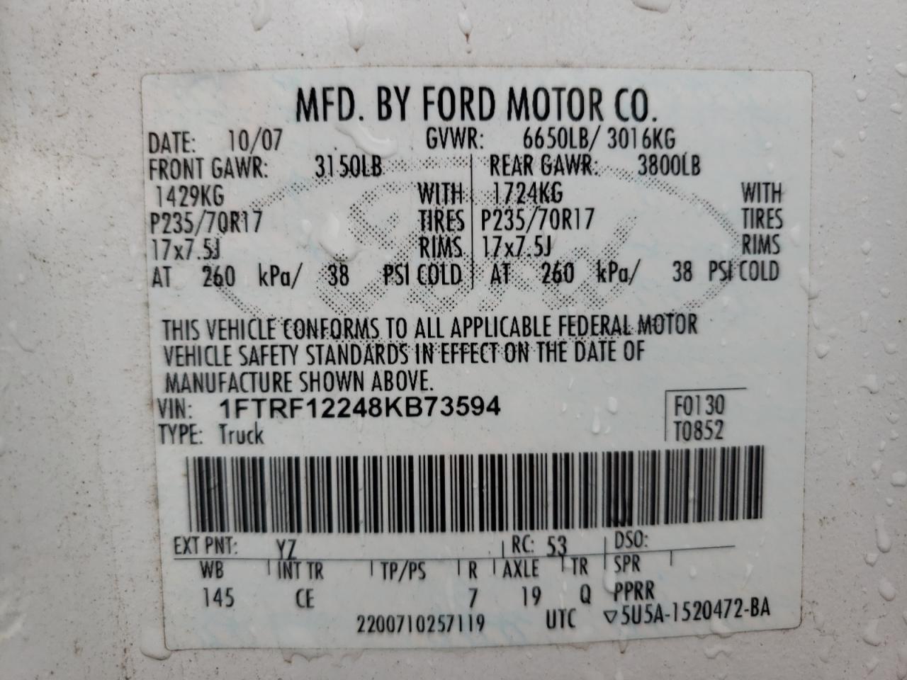 Photo 10 from auction – 2008 FORD F150 with VIN 1FTRF12248KB73594