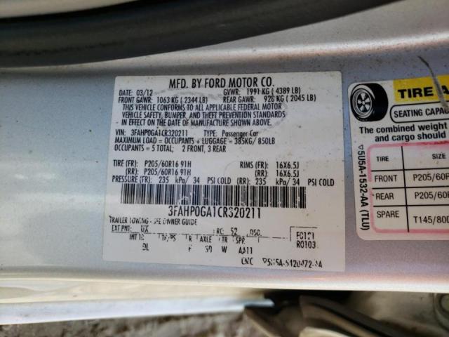 Photo 10 from auction – 2012 FORD FUSION S with VIN 3FAHP0GA1CR320211