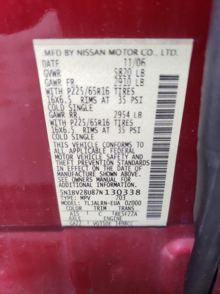 Photo 10 from auction – 2007 NISSAN QUEST S with VIN 5N1BV28U87N130338