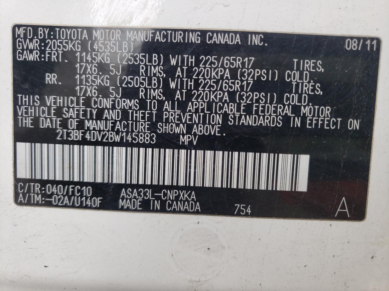 Photo 10 from auction – 2011 TOYOTA RAV4 with VIN 2T3BF4DV2BW145883