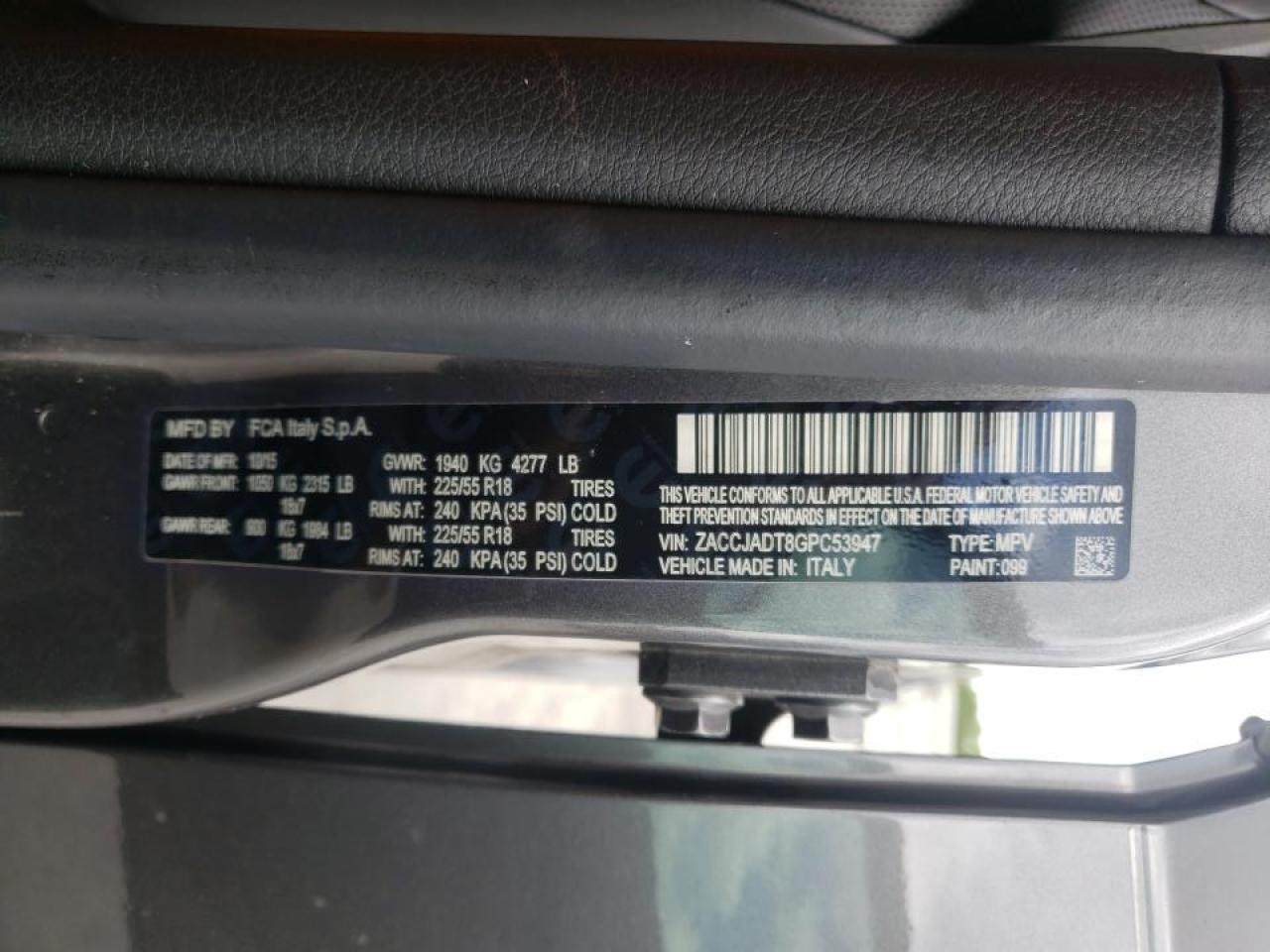 Photo 10 from auction – 2016 JEEP RENEGADE L with VIN ZACCJADT8GPC53947