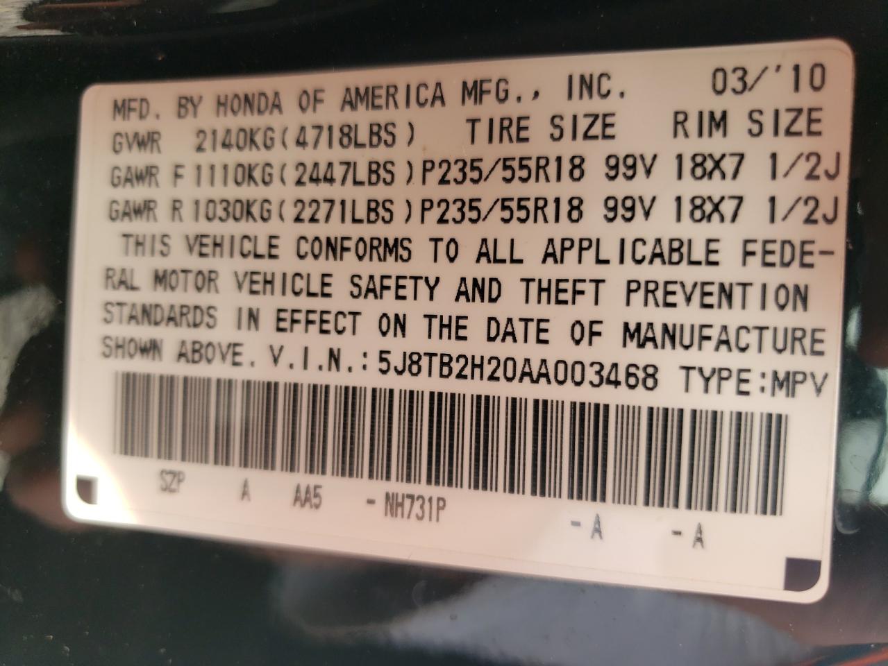 Photo 10 from auction – 2010 ACURA RDX with VIN 5J8TB2H20AA003468