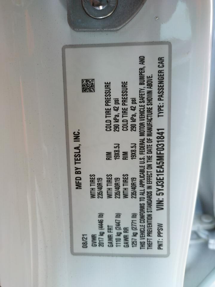 Photo 10 from auction – 2021 TESLA MODEL 3 with VIN 5YJ3E1EA5MF031841