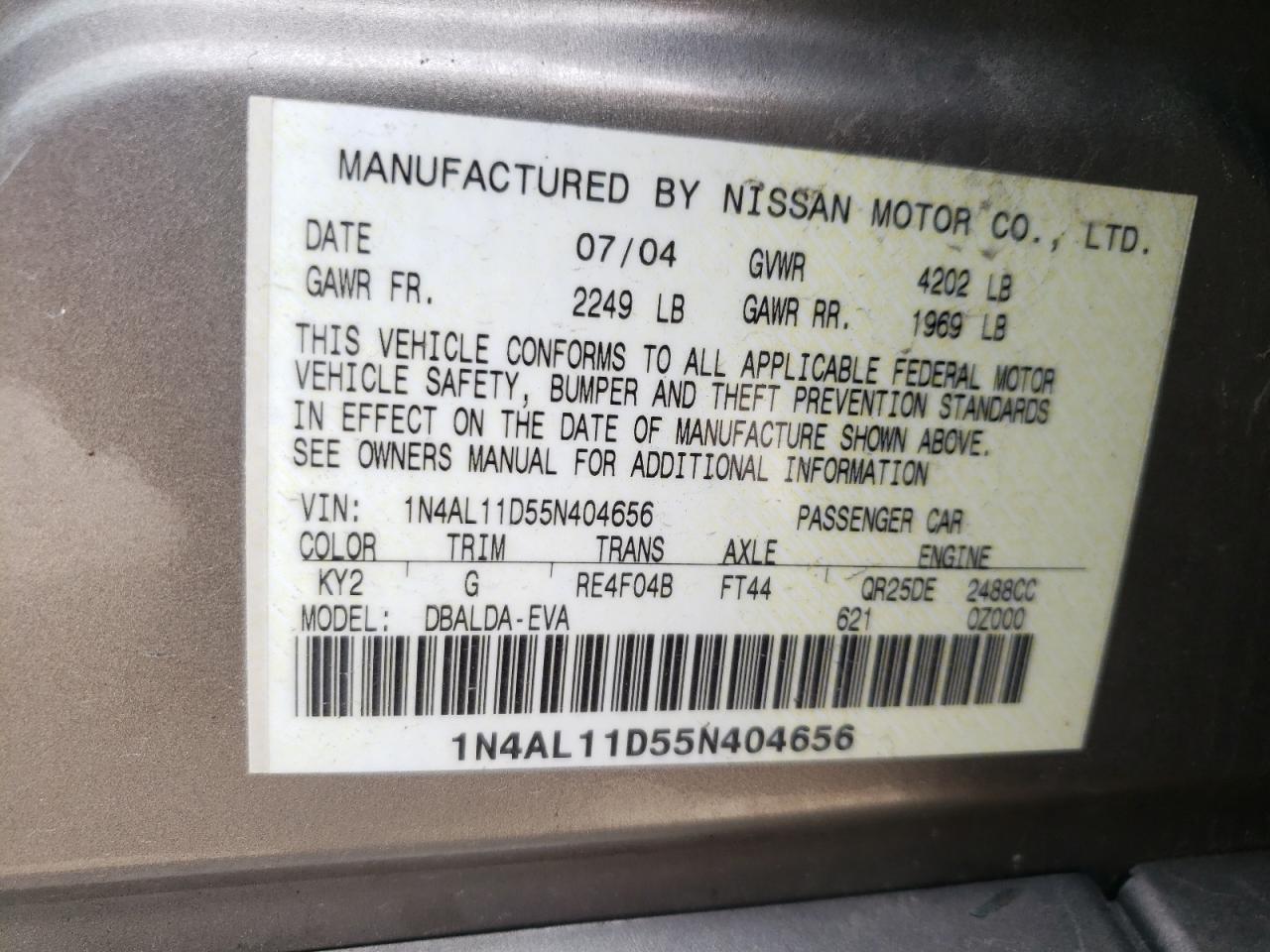 Photo 10 from auction – 2005 NISSAN ALTIMA S with VIN 1N4AL11D55N404656