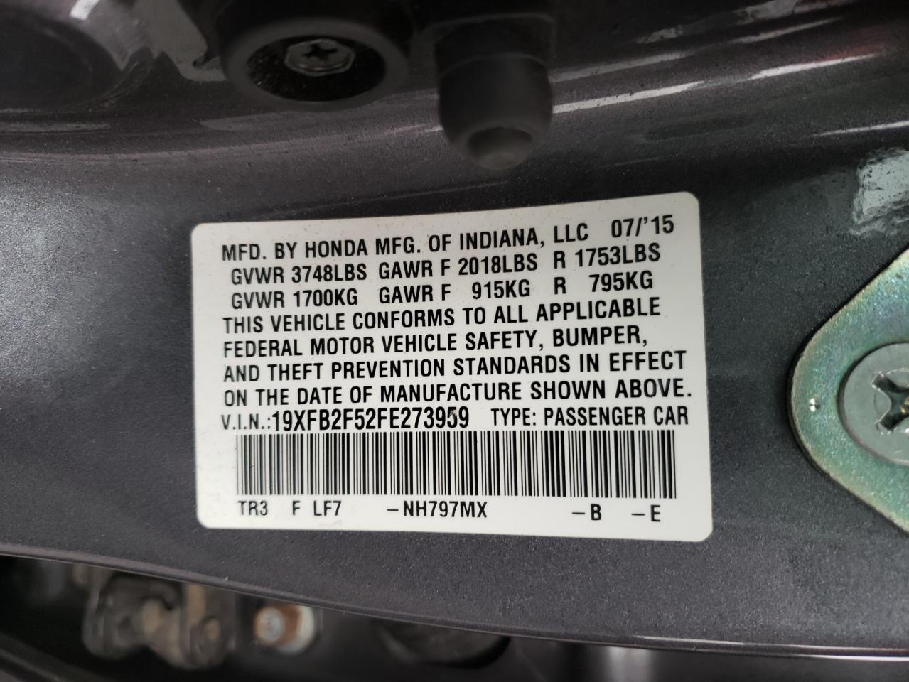 Photo 10 from auction – 2015 HONDA CIVIC LX with VIN 19XFB2F52FE273959