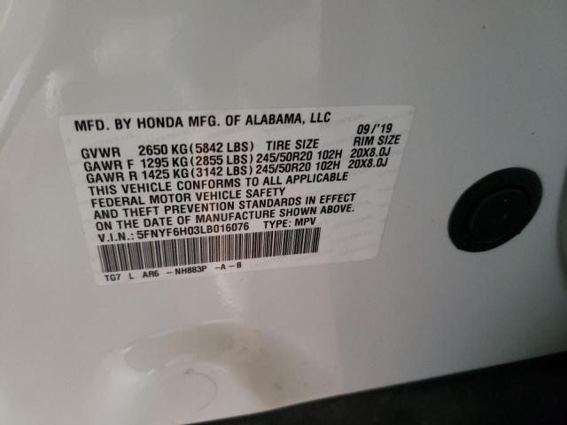 Photo 10 from auction – 2020 HONDA PILOT ELIT with VIN 5FNYF6H03LB016076