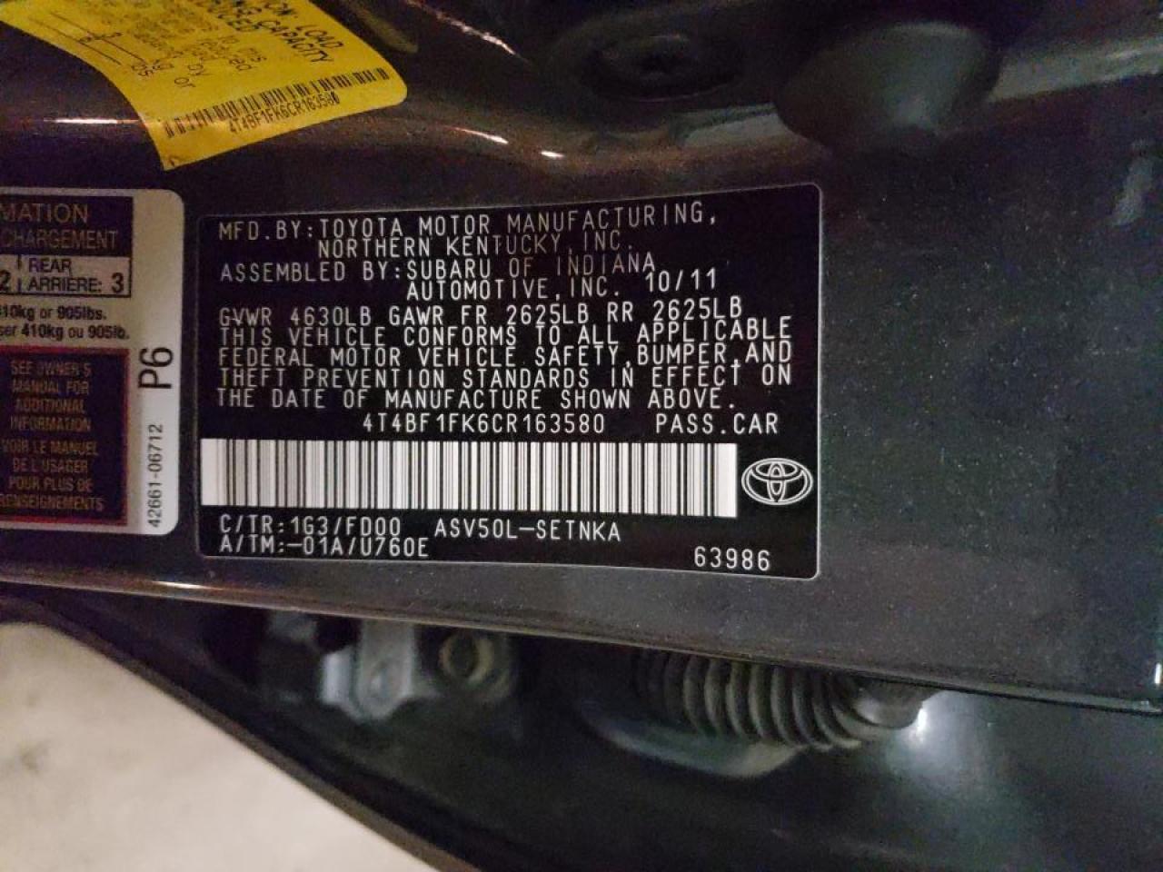 Photo 10 from auction – 2012 TOYOTA CAMRY BASE with VIN 4T4BF1FK6CR163580