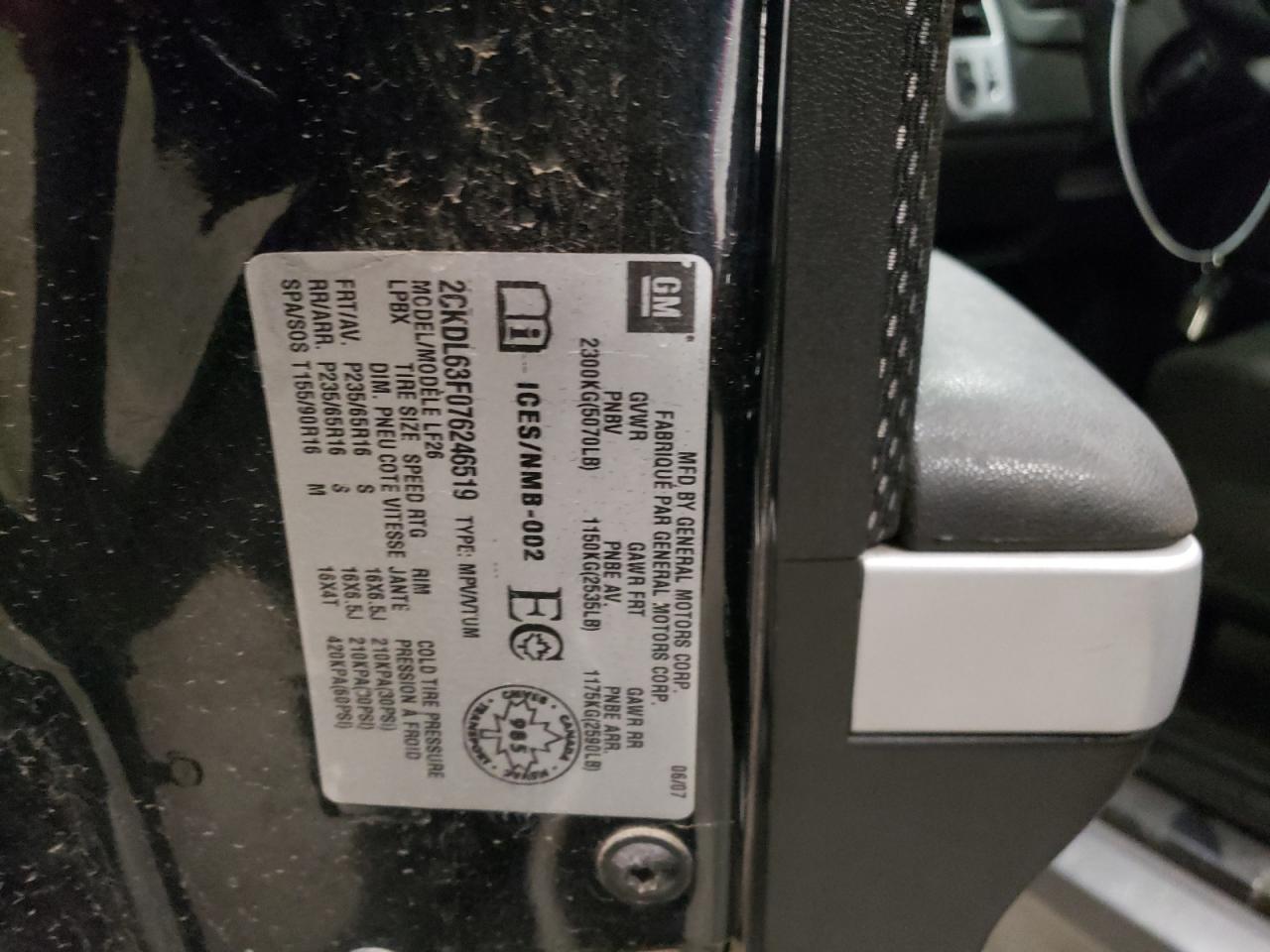 Photo 10 from auction – 2007 PONTIAC TORRENT with VIN 2CKDL63F076246519