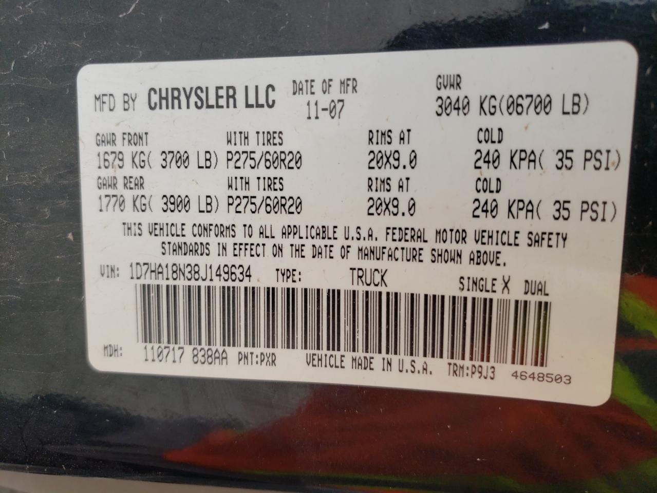 Photo 10 from auction – 2008 DODGE RAM 1500 S with VIN 1D7HA18N38J149634