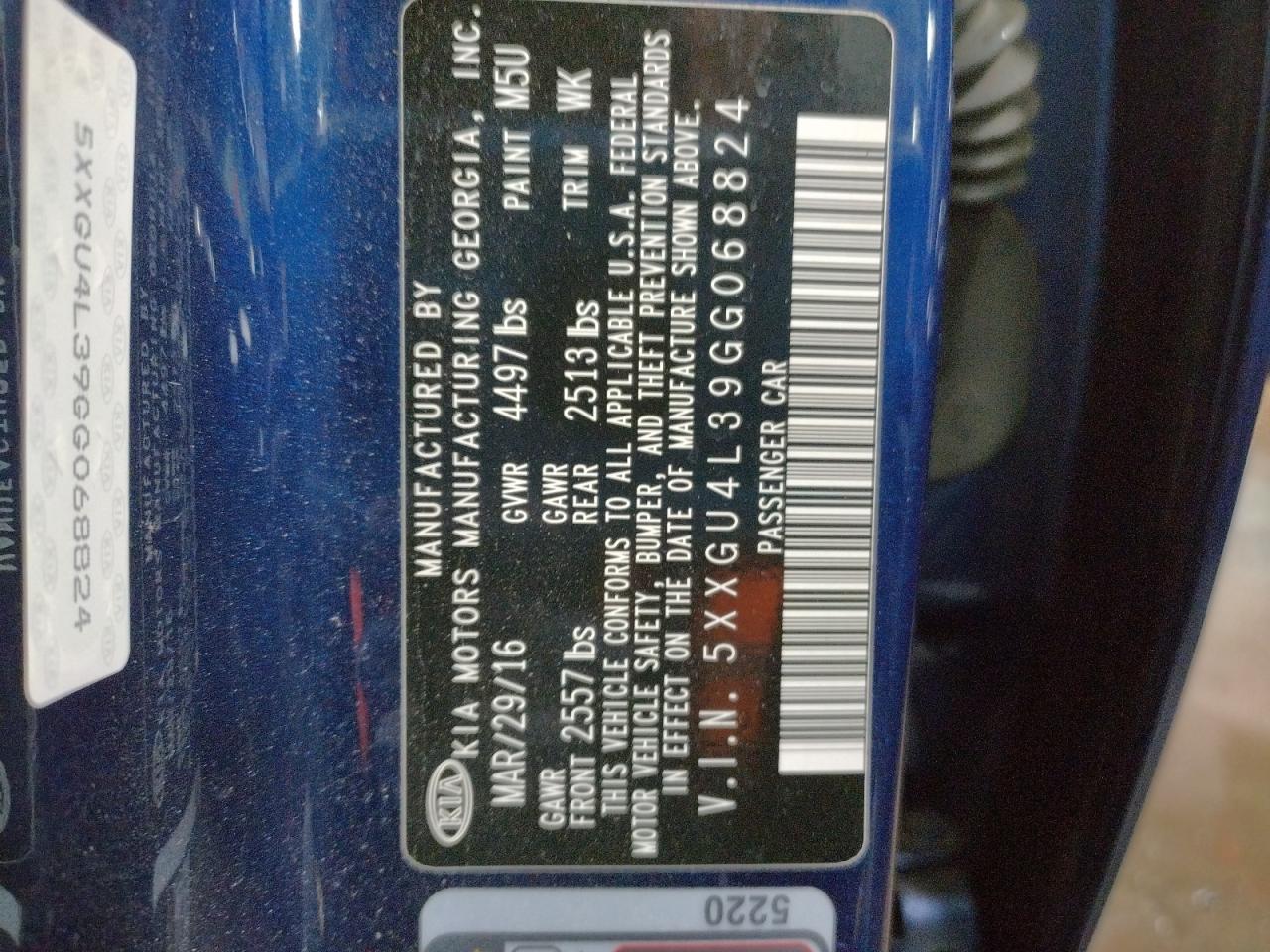 Photo 10 from auction – 2016 KIA OPTIMA EX with VIN 5XXGU4L39GG068824