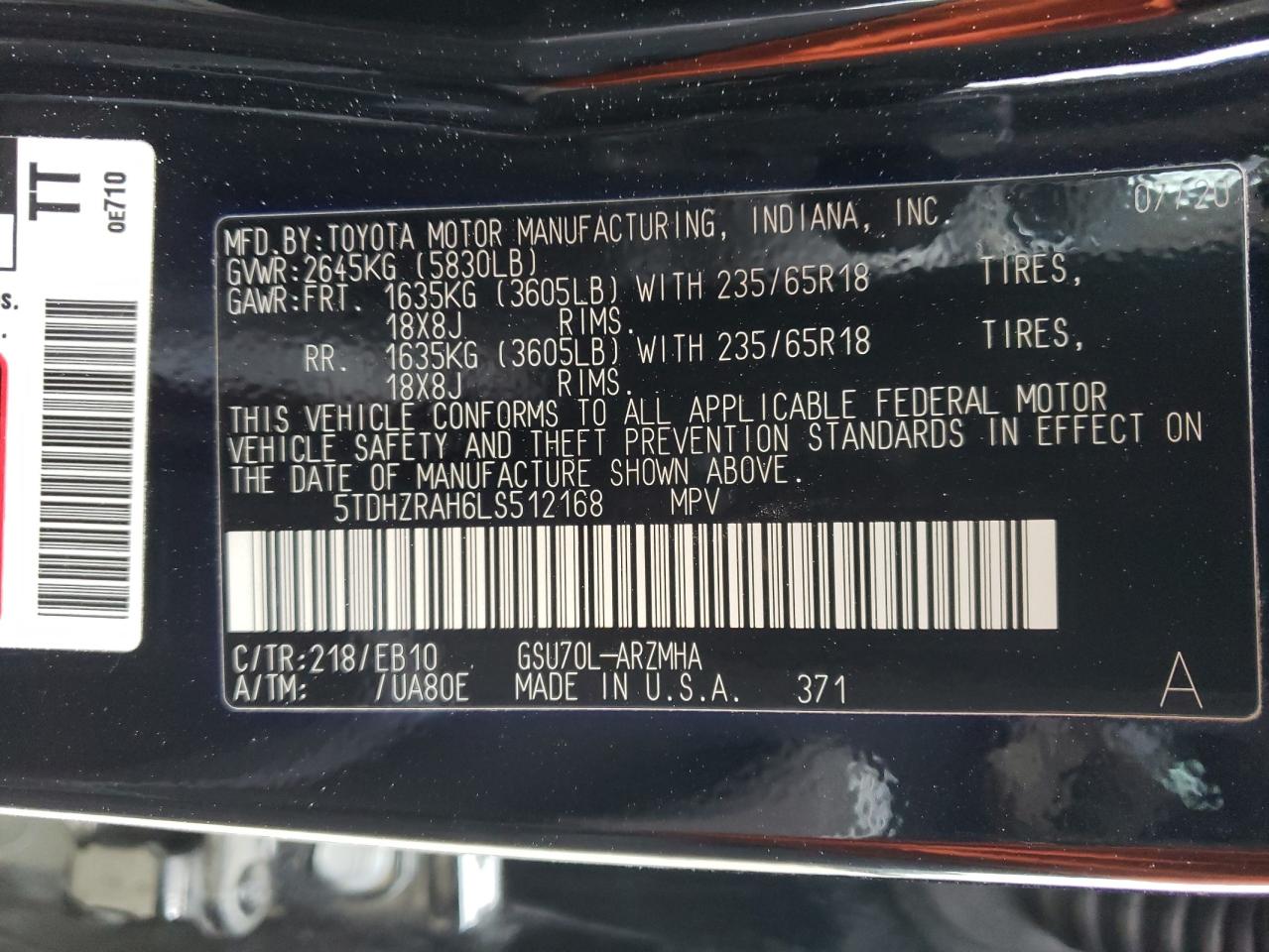 Photo 10 from auction – 2020 TOYOTA HIGHLANDER with VIN 5TDHZRAH6LS512168