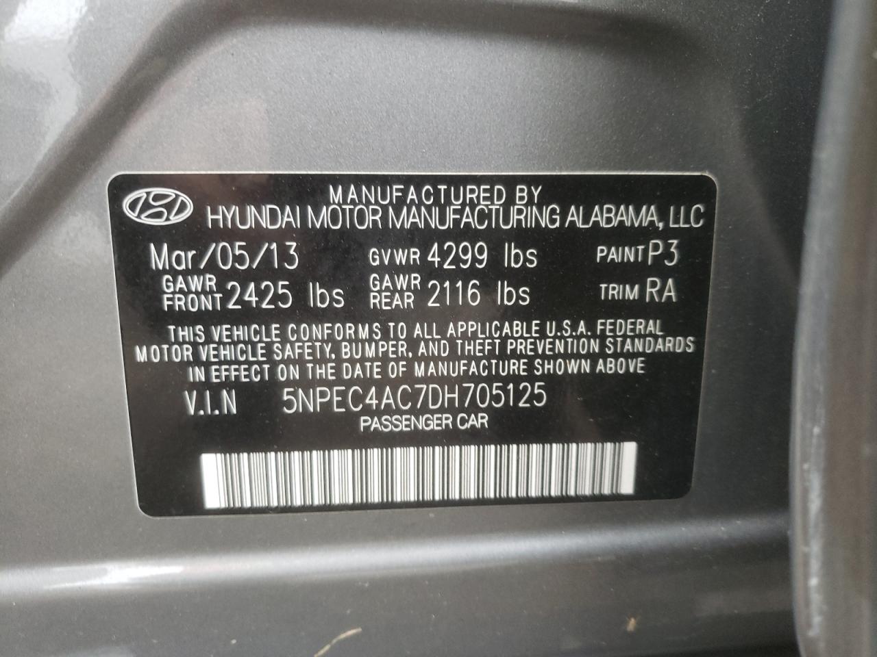 Photo 10 from auction – 2013 HYUNDAI SONATA SE with VIN 5NPEC4AC7DH705125