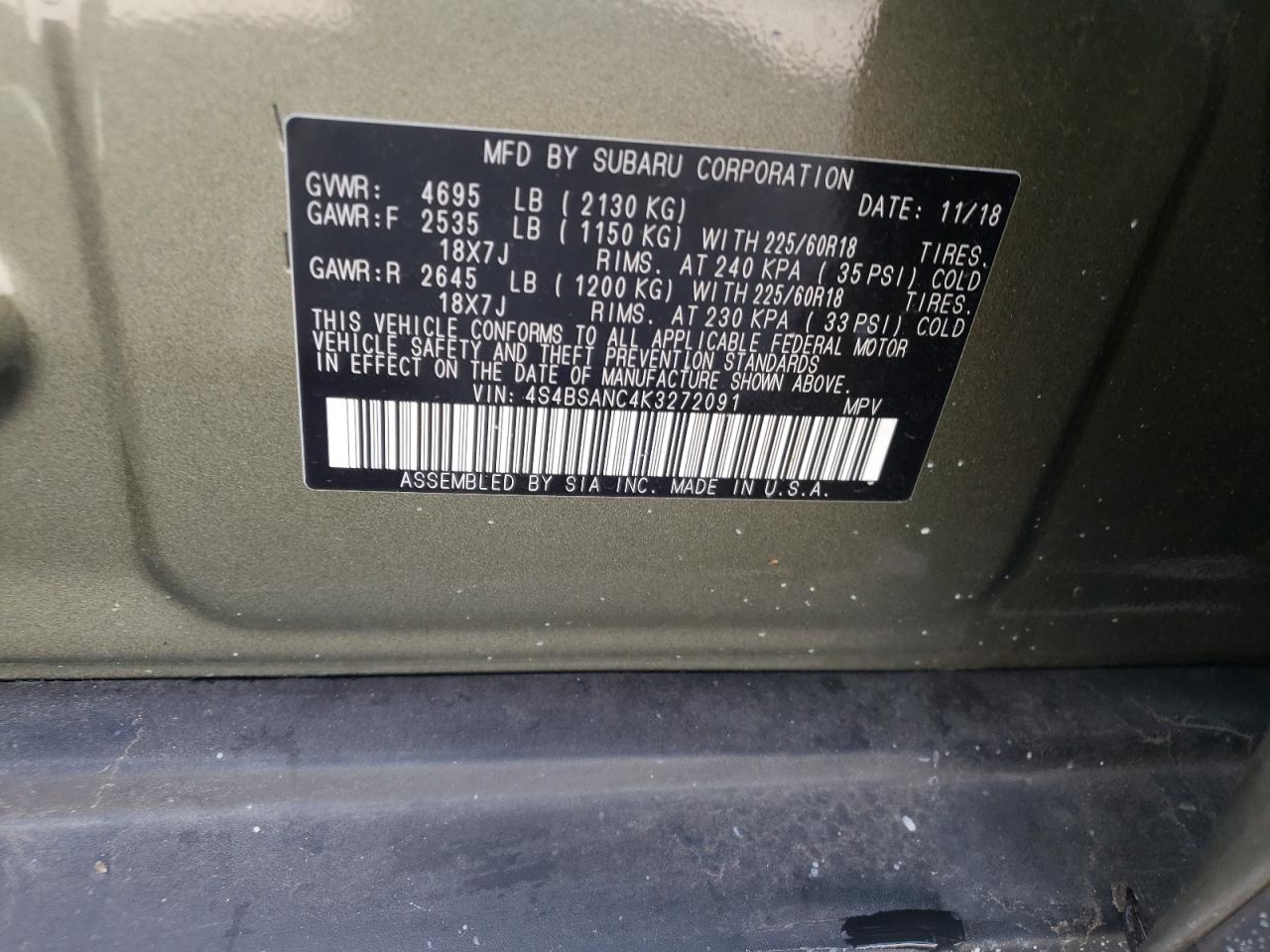 Photo 10 from auction – 2019 SUBARU OUTBACK 2. with VIN 4S4BSANC4K3272091