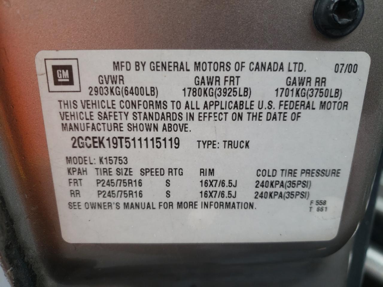 Photo 10 from auction – 2001 CHEVROLET SILVERADO with VIN 2GCEK19T511115119