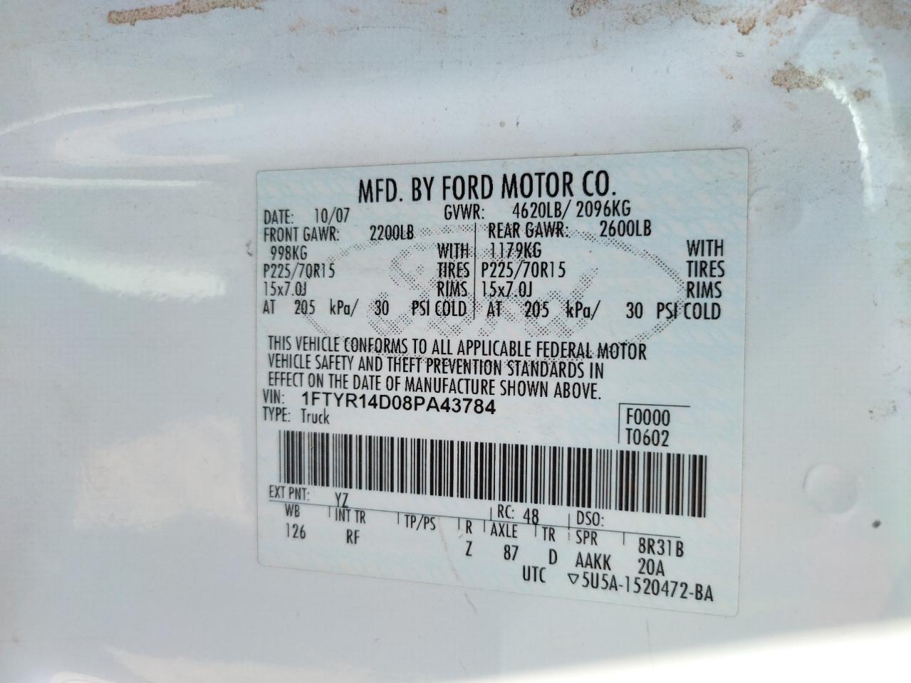 Photo 10 from auction – 2008 FORD RANGER SUP with VIN 1FTYR14D08PA43784