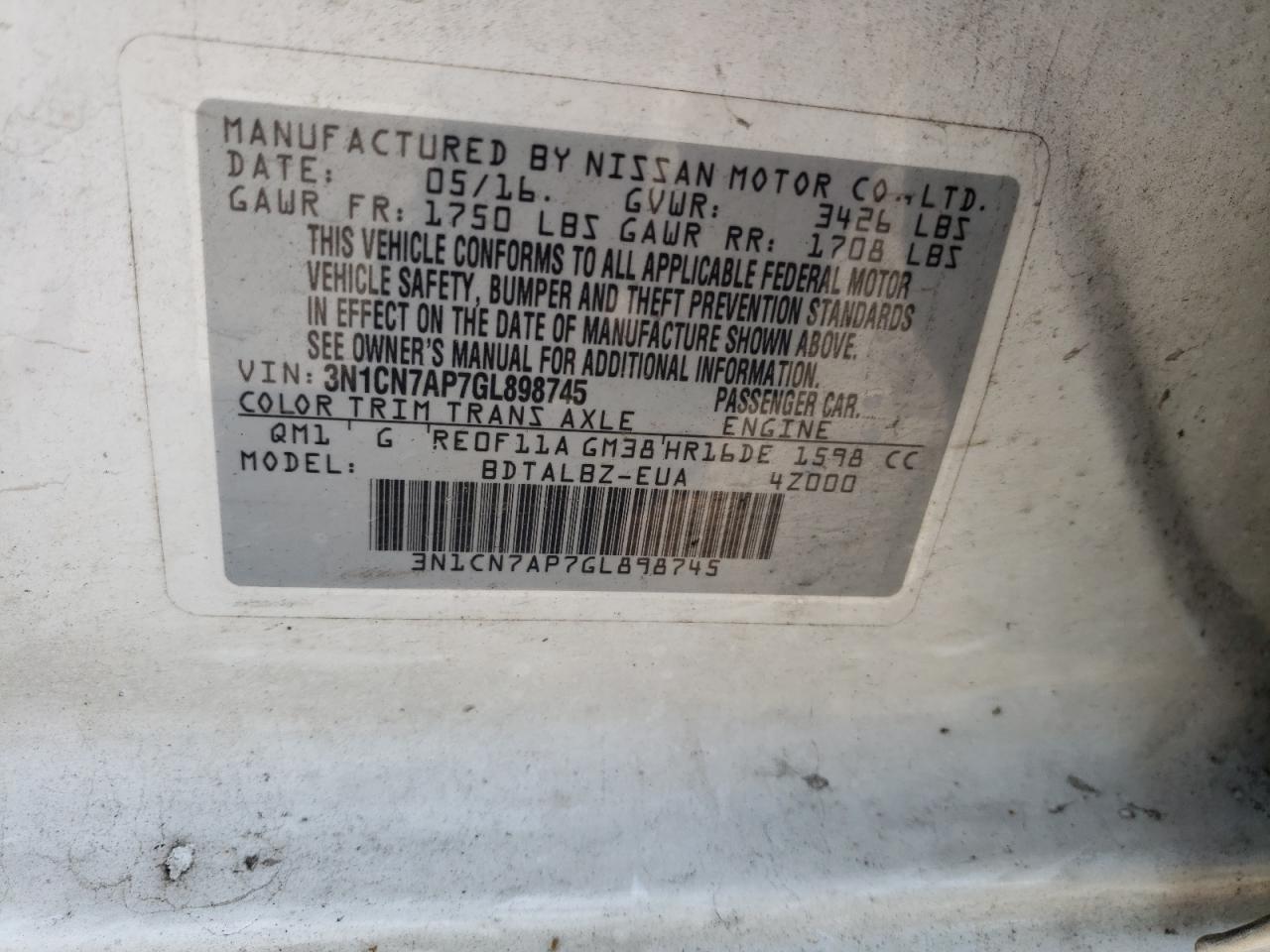 Photo 10 from auction – 2016 NISSAN VERSA S with VIN 3N1CN7AP7GL898745