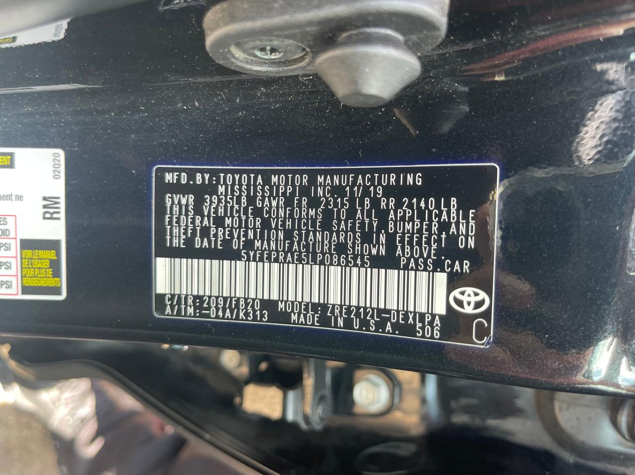 Photo 10 from auction – 2020 TOYOTA COROLLA LE with VIN 5YFEPRAE5LP086545
