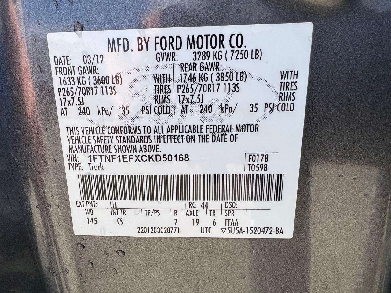 Photo 10 from auction – 2012 FORD F150 with VIN 1FTNF1EFXCKD50168