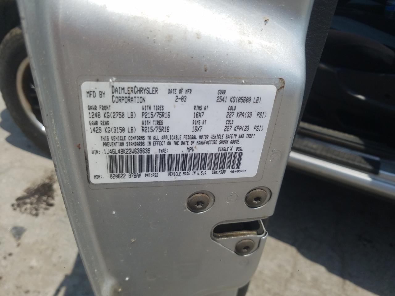 Photo 10 from auction – 2003 JEEP LIBERTY SP with VIN 1J4GL48K23W639639