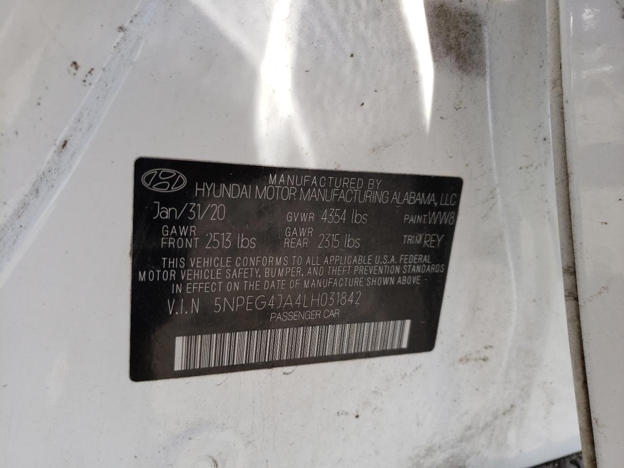 Photo 10 from auction – 2020 HYUNDAI SONATA SE with VIN 5NPEG4JA4LH031842