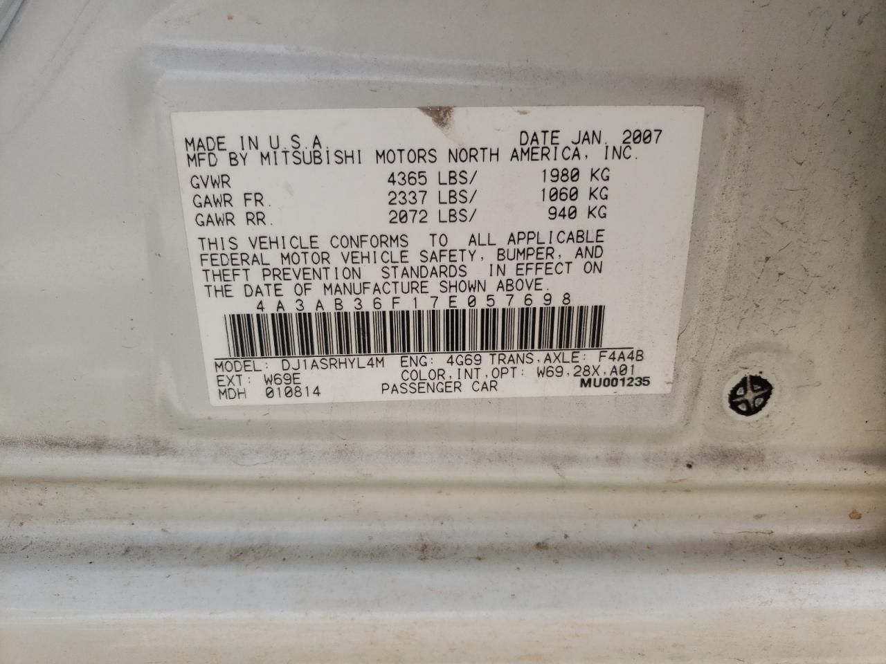 Photo 10 from auction – 2007 MITSUBISHI GALANT ES with VIN 4A3AB36F17E057698
