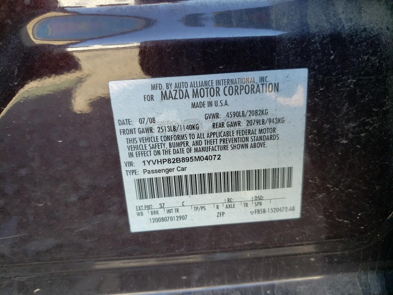 Photo 10 from auction – 2009 MAZDA 6 S with VIN 1YVHP82B895M04072