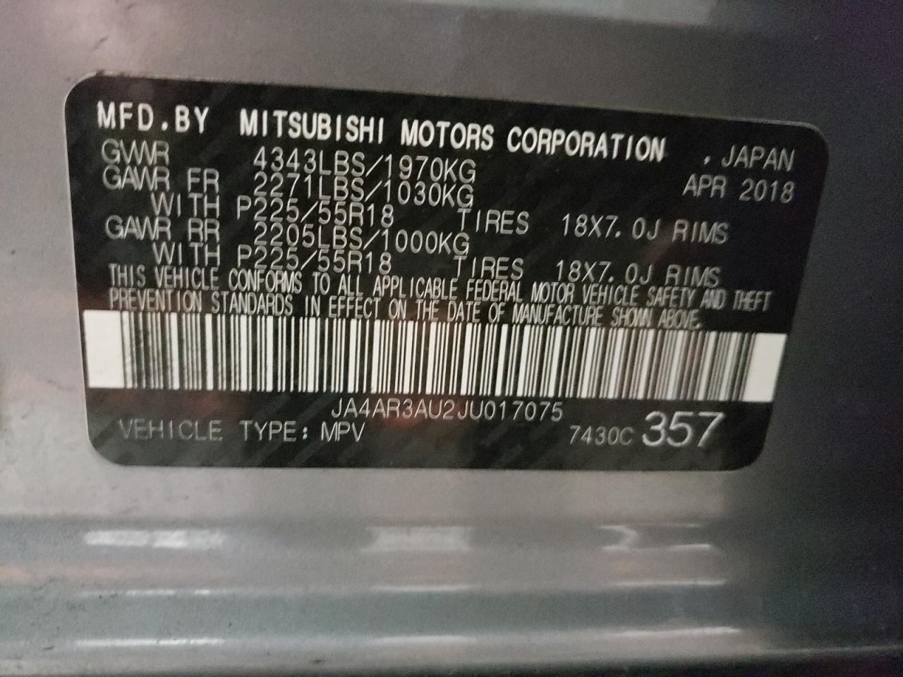 Photo 10 from auction – 2018 MITSUBISHI OUTLANDER with VIN JA4AR3AU2JU017075