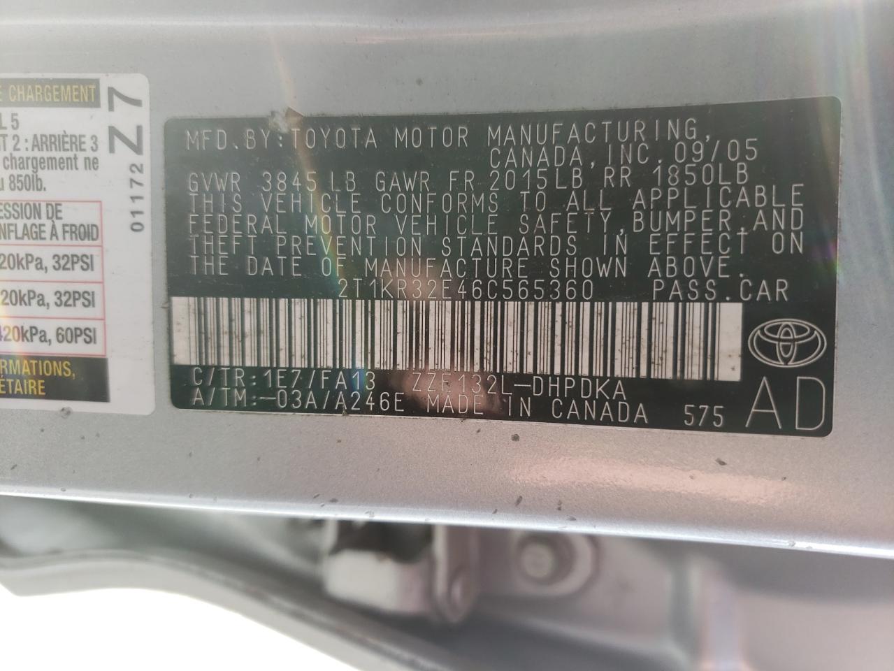 Zdjęcie 10 z aukcji – 2006 TOYOTA COROLLA MA z VIN 2T1KR32E46C565360