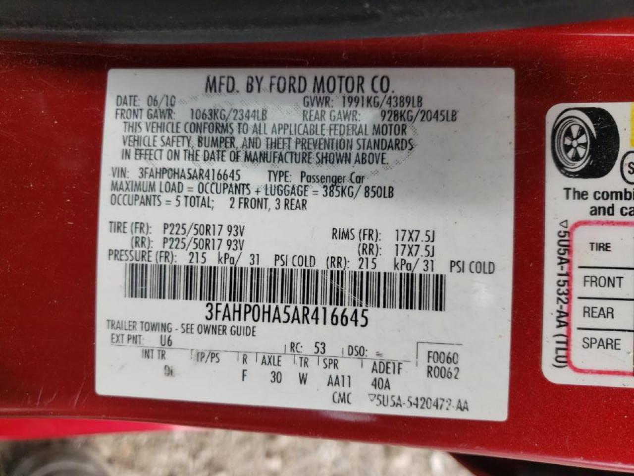 Photo 10 from auction – 2010 FORD FUSION SE with VIN 3FAHP0HA5AR416645