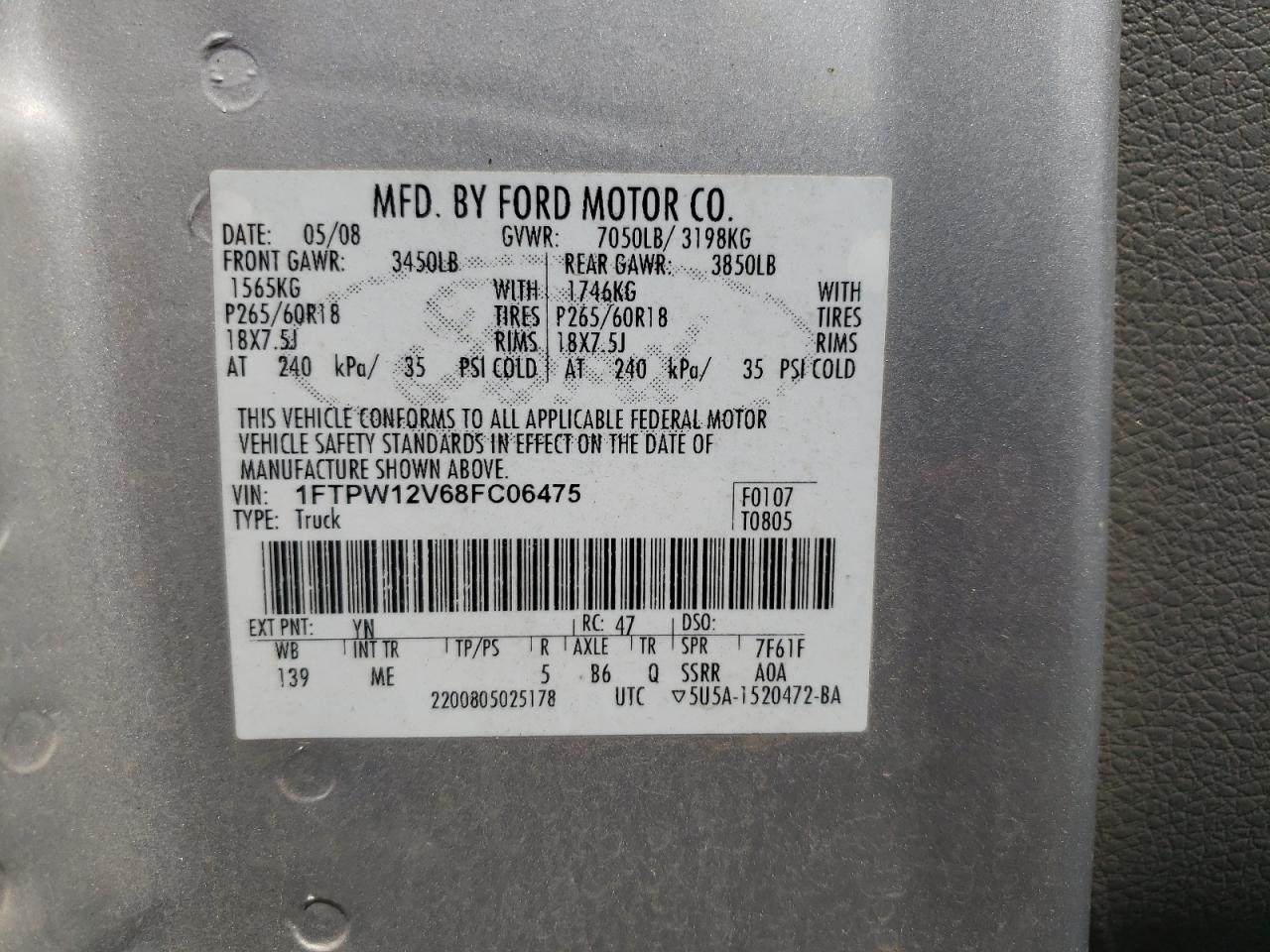 Photo 10 from auction – 2008 FORD F150 SUPER with VIN 1FTPW12V68FC06475