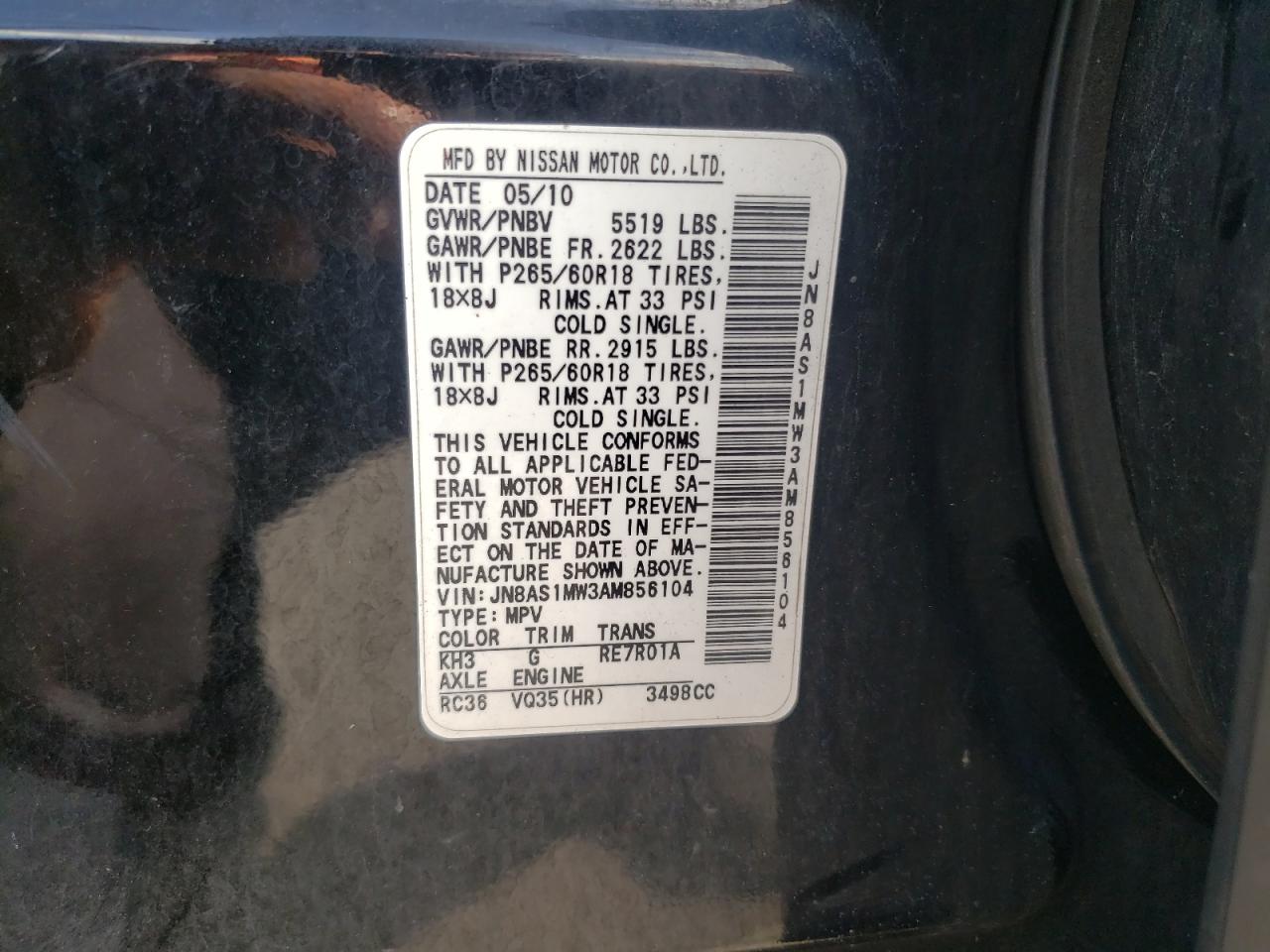 Photo 10 from auction – 2010 INFINITI FX35 with VIN JN8AS1MW3AM856104