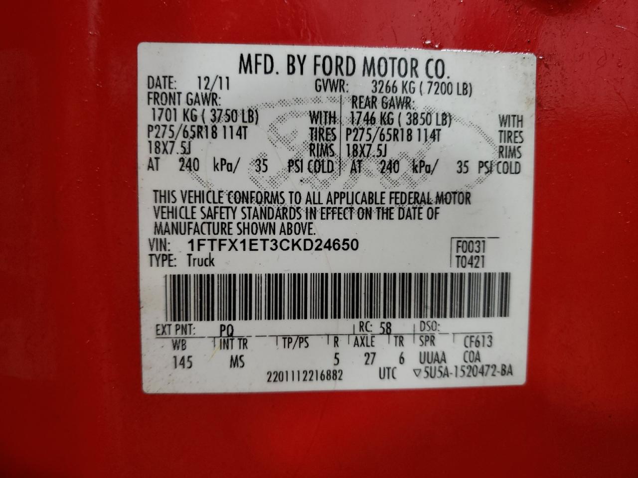 Photo 10 from auction – 2012 FORD F150 SUPER with VIN 1FTFX1ET3CKD24650