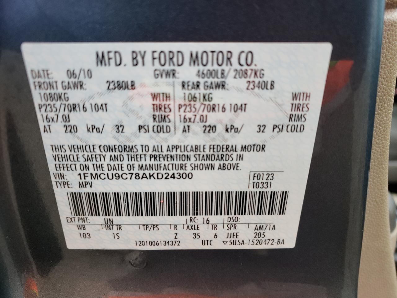 Photo 10 from auction – 2010 FORD ESCAPE XLS with VIN 1FMCU9C78AKD24300