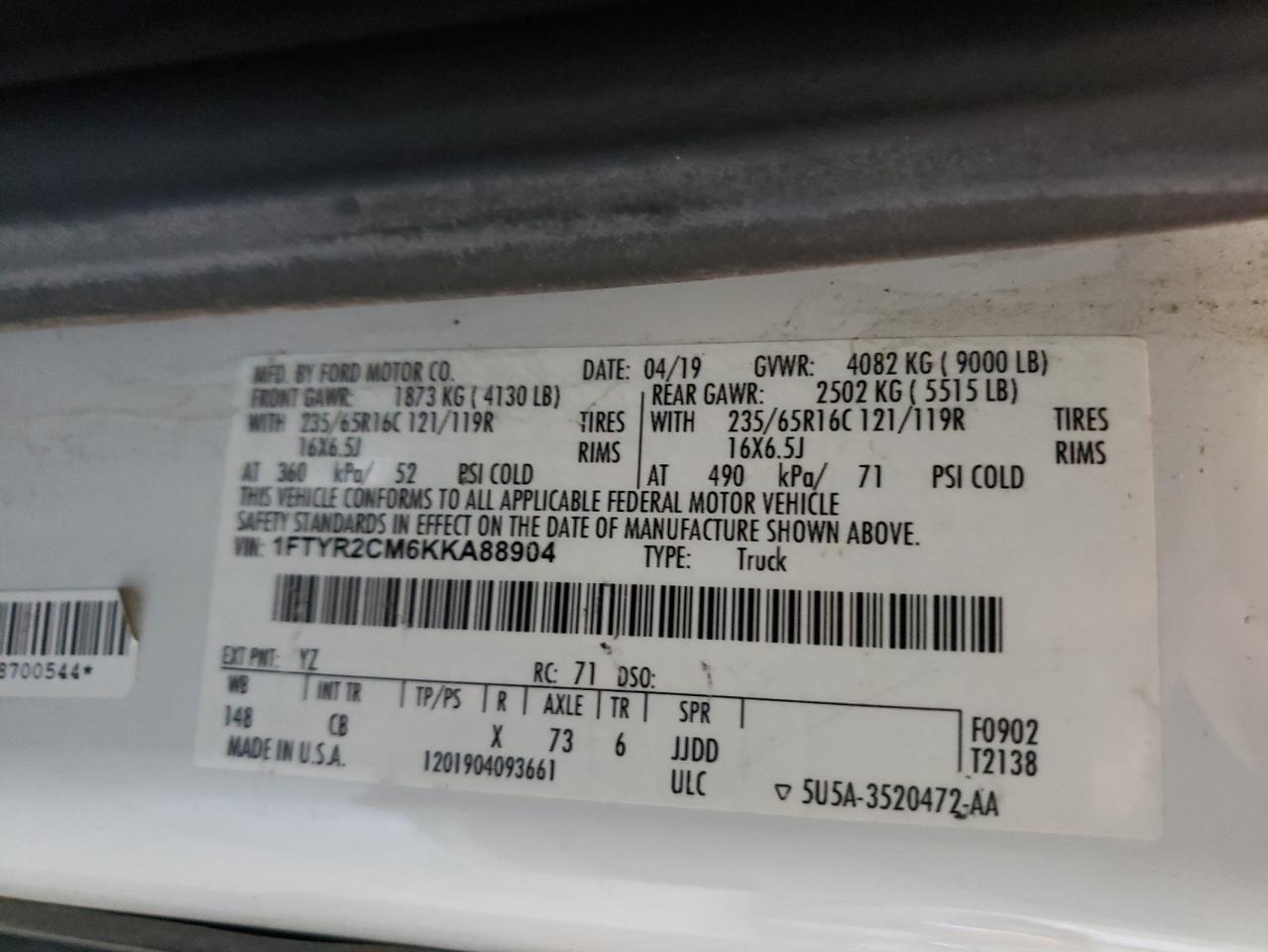 Фото 10 с аукциона – 2019 FORD TRANSIT T- с VIN 1FTYR2CM6KKA88904