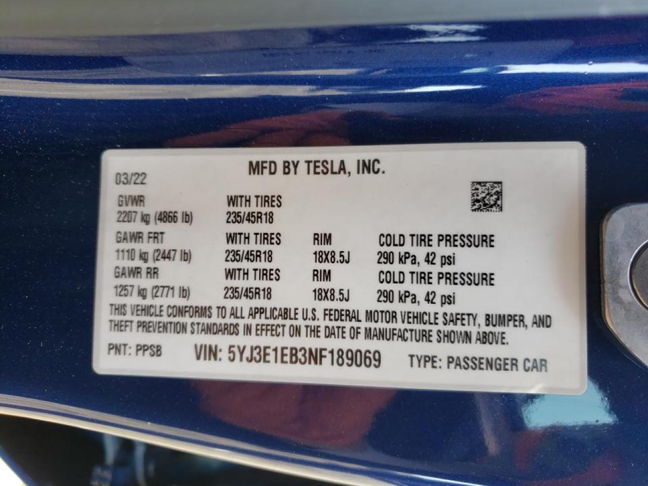 Photo 10 from auction – 2022 TESLA MODEL 3 with VIN 5YJ3E1EB3NF189069