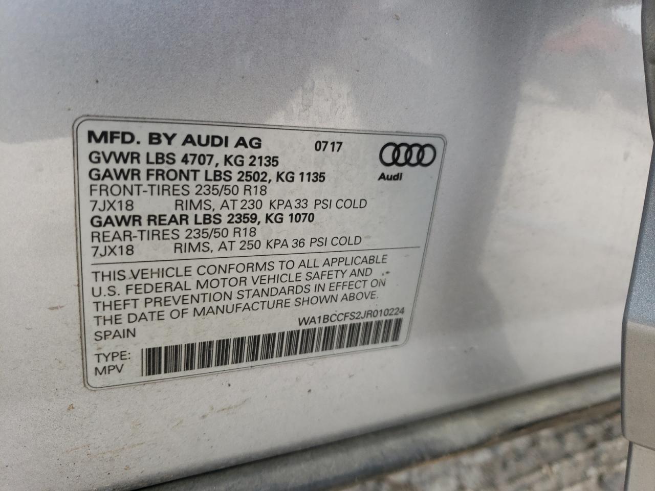 Photo 10 from auction – 2018 AUDI Q3 PREMIUM with VIN WA1BCCFS2JR010224