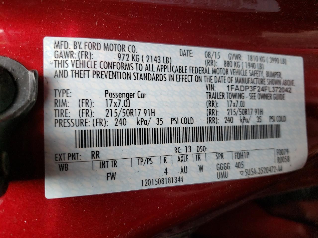 Photo 20 from auction – 2015 FORD FOCUS SE with VIN 1FADP3F24FL372042