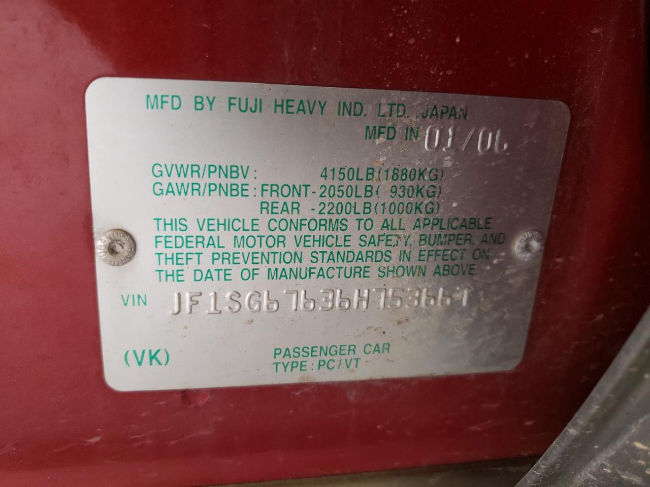 Photo 10 from auction – 2006 SUBARU FORESTER 2 with VIN JF1SG67636H753667