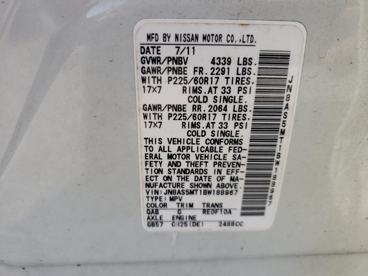 Photo 10 from auction – 2011 NISSAN ROGUE S with VIN JN8AS5MT1BW188967