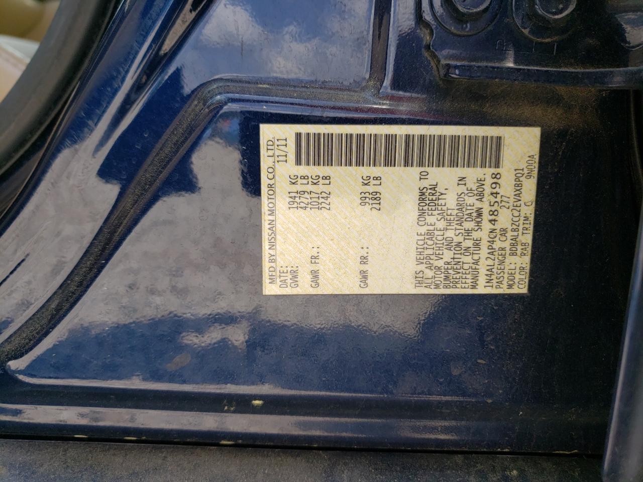 Photo 10 from auction – 2012 NISSAN ALTIMA BAS with VIN 1N4AL2AP4CN485498