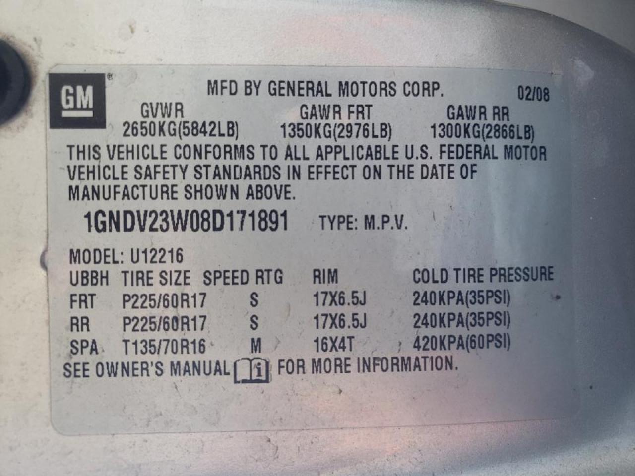 Photo 10 from auction – 2008 CHEVROLET UPLANDER L with VIN 1GNDV23W08D171891