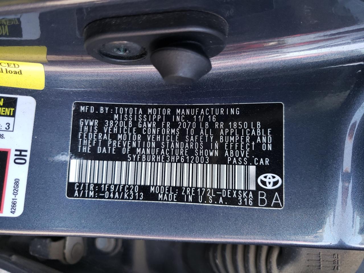 Photo 10 from auction – 2017 TOYOTA COROLLA L with VIN 5YFBURHE3HP612003