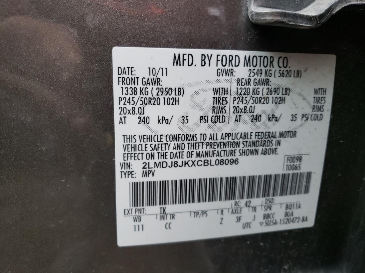 Photo 10 from auction – 2012 LINCOLN MKX with VIN 2LMDJ8JKXCBL08096