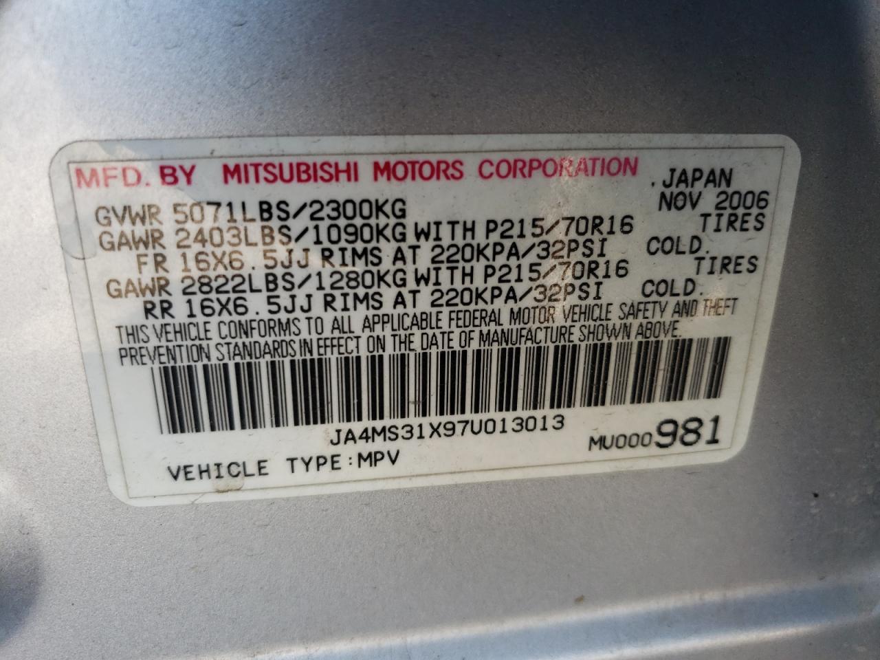 Photo 10 from auction – 2007 MITSUBISHI OUTLANDER with VIN JA4MS31X97U013013