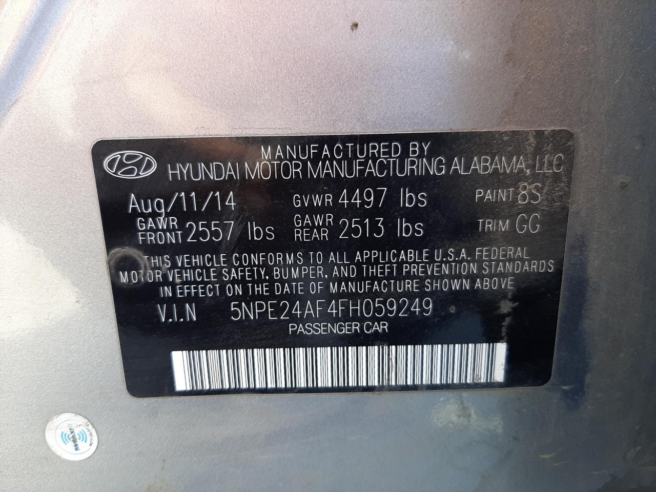 Photo 10 from auction – 2015 HYUNDAI SONATA SE with VIN 5NPE24AF4FH059249