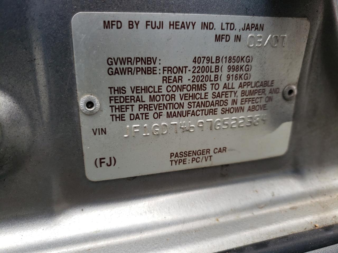 Photo 10 from auction – 2007 SUBARU IMPREZA WR with VIN JF1GD74697G522384
