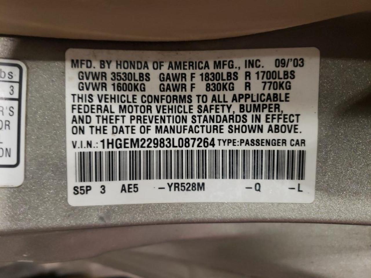 Photo 10 from auction – 2003 HONDA CIVIC EX with VIN 1HGEM22983L087264