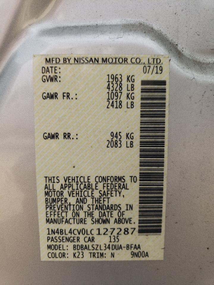 Photo 10 from auction – 2020 NISSAN ALTIMA SR with VIN 1N4BL4CV0LC127287